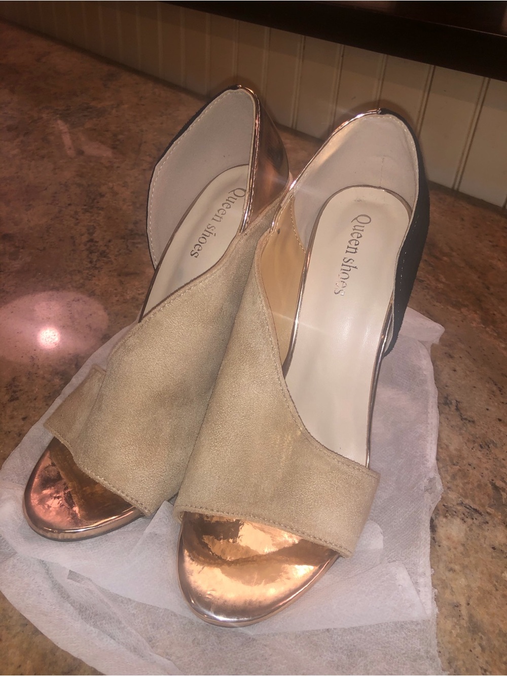 Que D'Orsay Open-Toe Heels in Beige and Rose Gold